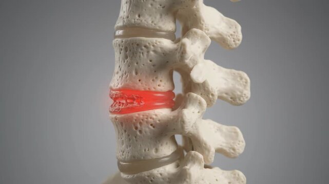 Close-up of a human spine model showing a herniated disc with red highlighting, representing pain and injury.