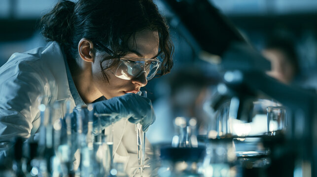 A focused scientist conducts experiments in a laboratory, working with glassware and scientific equipment, exemplifying precision and attention to detail in research.