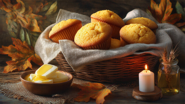 Photorealistic golden cornbread muffins arranged in a rustic basket, melted butter, autumn leaves and Thanksgiving table decorations, warm natural window light, cozy commercial food photography