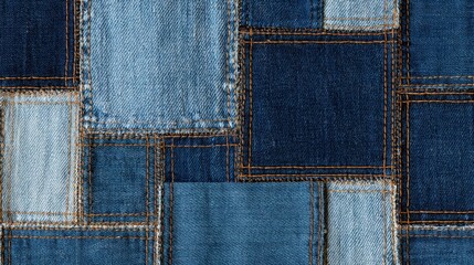 Obraz premium A detailed patchwork of various blue denim fabric squares stitched together. This textured material background is ideal for fashion design and textile industry projects.