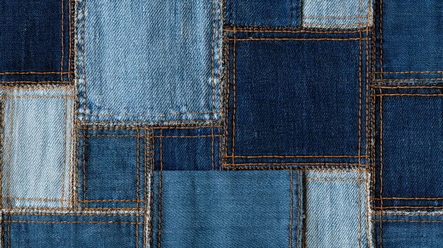 A detailed patchwork of various blue denim fabric squares stitched together. This textured material background is ideal for fashion design and textile industry projects.