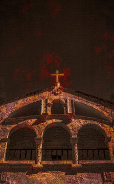 Chivay, Peru: graphic reworking in rusty style of the Parish of Our Lady of the Assumption (Iglesia Nuestra Senora de la Asuncion), historic Andean Baroque church in the main square (Plaza de Armas)