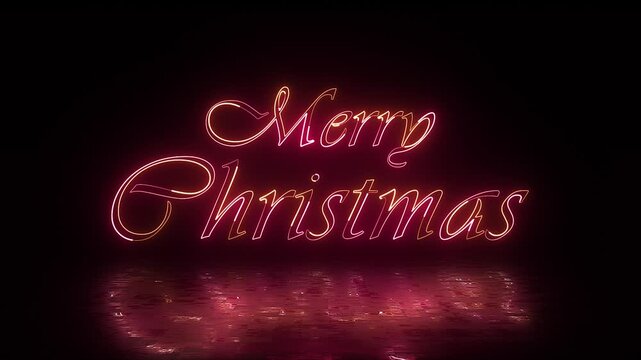 Merry christmas neon sign animated loop with reflective glow on dark background for holiday greetings