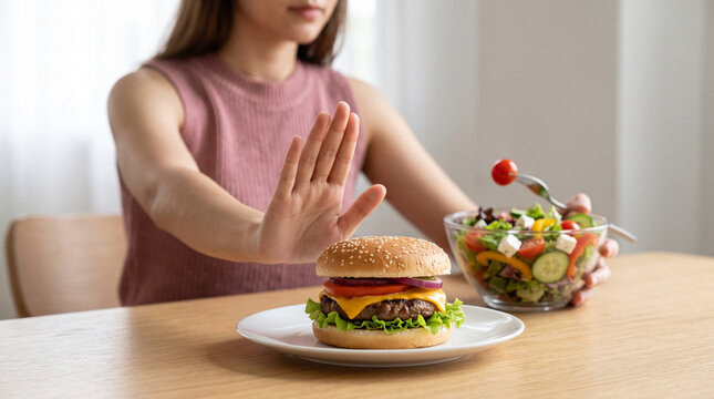 A person who avoids eating high-calorie junk food in high calories to control cholesterol and sugar during a diet session for weight loss and good health