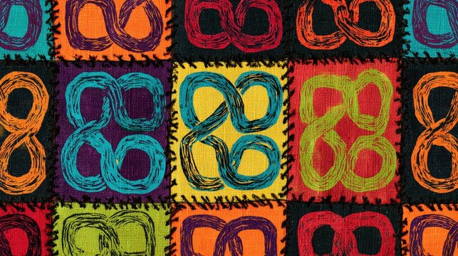 Colorful patchwork quilt with stitched infinity knot patterns in vibrant threads. Abstract textile background for creative design projects and ethnic craft themes.