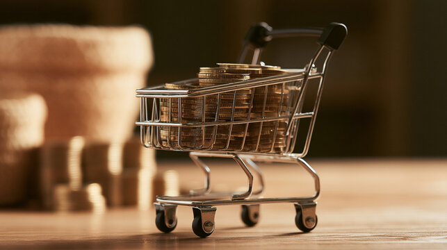 A small shopping cart filled with coins symbolizes finance, shopping, and investment. Ideal for themes of commerce, savings, and economic growth in various promotional materials.