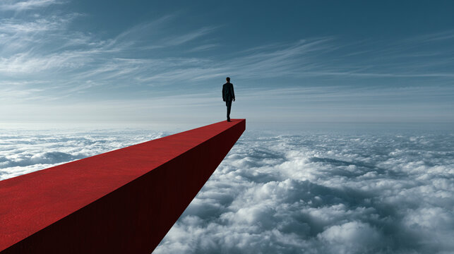 A solitary figure stands on a narrow red path above a sea of clouds, symbolizing introspection and the pursuit of dreams in an expansive, open sky.