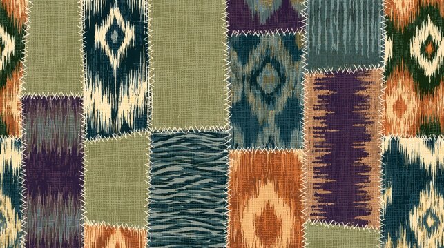 Abstract seamless patchwork pattern featuring colorful ikat textile squares with stitched details. Use for fabric design, bohemian home decor, or creative fashion background.