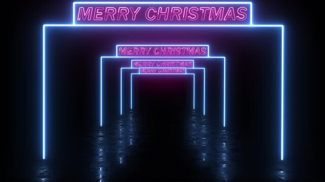 Festive neon blue rectangle form a tunnel with merry christmas text animation loop for holidays