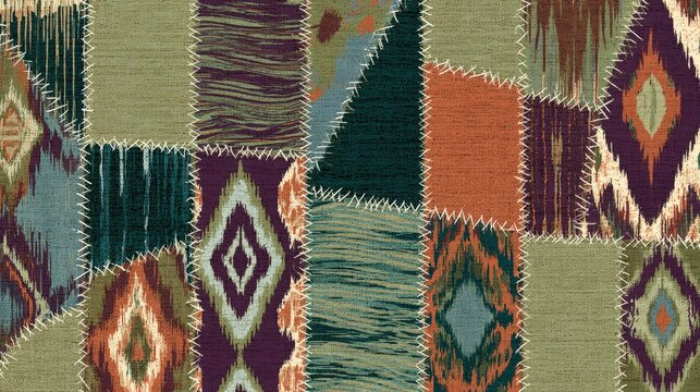 A vibrant patchwork quilt featuring intricate ikat patterns and zig-zag stitching on textured fabric. This bohemian textile design works for craft or interior decor concepts.