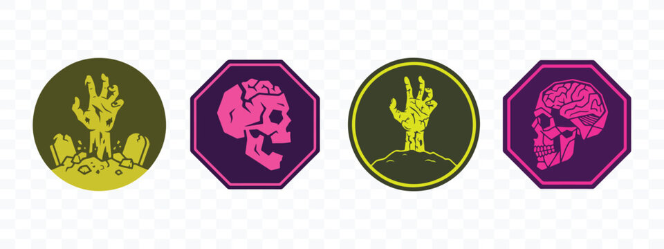 Set of zombie hand and skull icons for horror design with halloween frightening illustration skeleton terrifying nightmare celebration creative seasonal