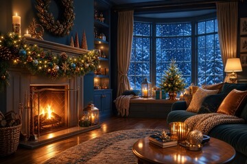 Obraz premium Cozy Christmas living room with fireplace and glowing tree