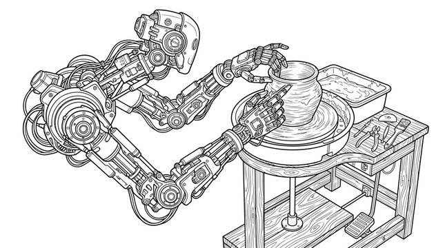 Cybernetic robotic arm shaping soft clay on a spinning potter wheel inside a traditional workshop setting with various tools nearby.