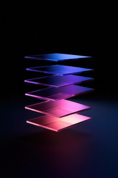 Abstract stack of floating transparent square glass plates with neon blue and pink gradient lighting. Perfect for modern technology and futuristic design concepts.