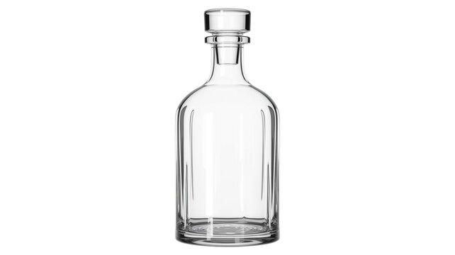 High quality product photograph of a clear empty glass decanter bottle with a stopper isolated on a white background for premium beverage storage