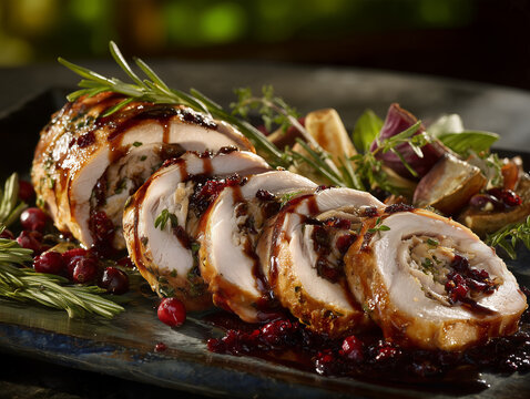 Photorealistic gourmet roasted turkey roulade sliced elegantly, cranberry gastrique drizzle, roasted root vegetables and fresh herbs, sophisticated Thanksgiving fine dining presentation