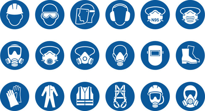 Personal protective equipment safety icon set featuring blue circular vector graphic designs on transparent background