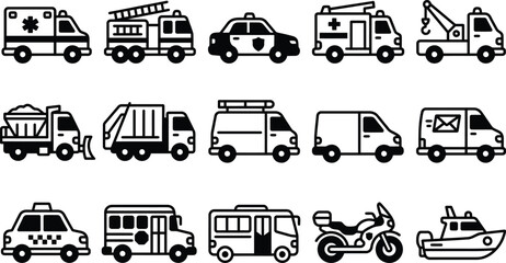 A comprehensive collection showcasing various essential service vehicles such as police cars ambulances fire trucks vans buses and a range of specialized transport vehicles in © NUR