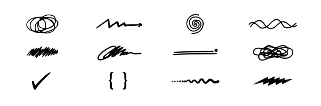 Hand-Drawn Abstract Scribble Ideogram Icons Set, Creative Design Elements Featuring Scribbles, Ideograms