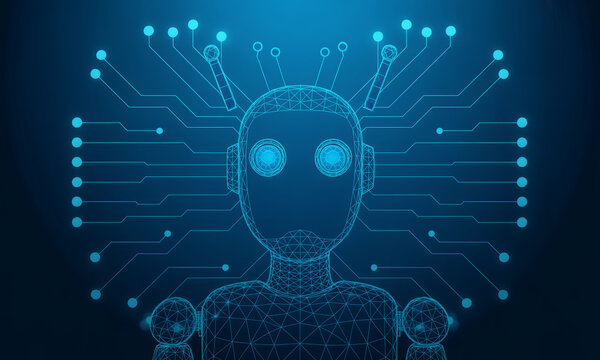 Wireframe robot head circuit lines illustration artificial intelligence.