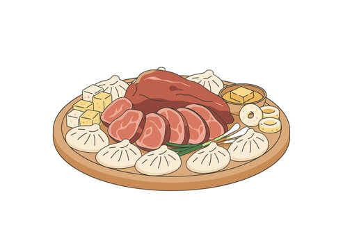 A lavish Mongolian food platter featuring a selection of hearty dishes including roasted meat, dumplings, dried curd, and fried dough, perfect for sharing.