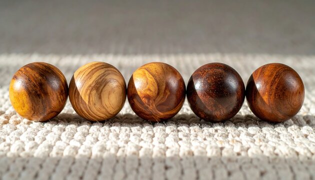 Five spherical wooden balls made from different timber species arranged consecutively on soft woven rug in morning sunlight