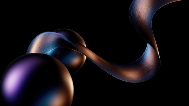 Abstract flowing metallic ribbons wrap around glossy spheres against a black background. Perfect for modern tech branding and futuristic digital design concepts.