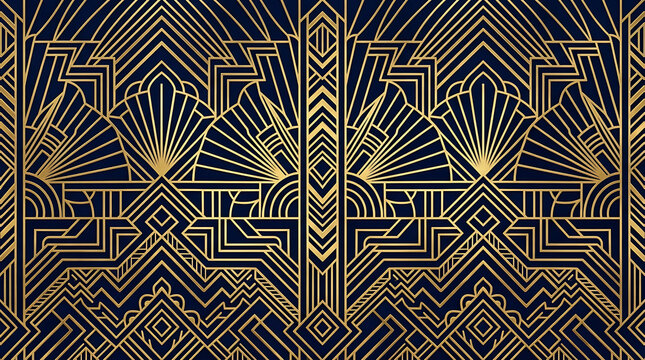 Art deco geometric pattern with gold metallic lines on deep blue backdrop for luxury.