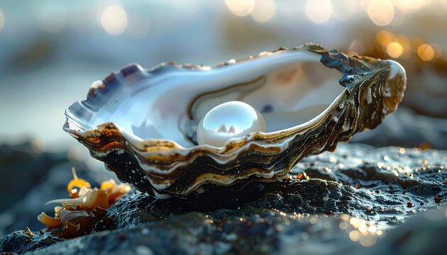 Shiny pearl resting inside open oyster shell on wet coastal rocks representing marine luxury jewelry