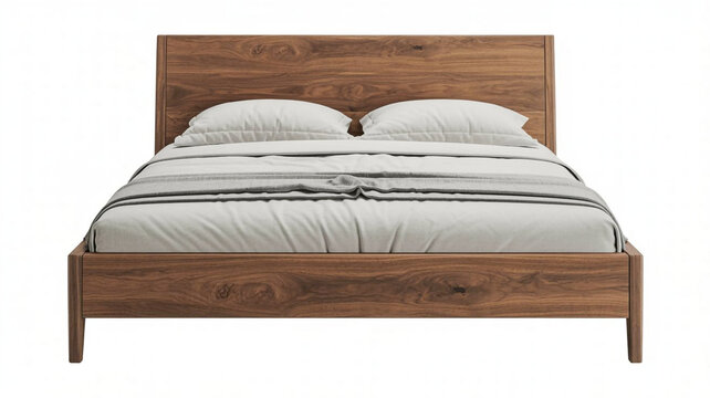 Modern wooden bed frame with comfortable white mattress and pillows isolated on a white background