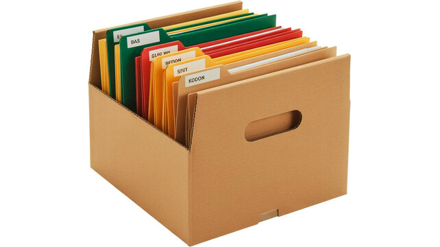 A product photograph of a cardboard storage box filled with colorful hanging files and folders for organization