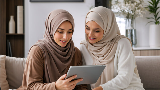 Two smiling Muslim women in hijabs using a digital tablet on a sofa. Happy friends looking at a screen together in a modern living room