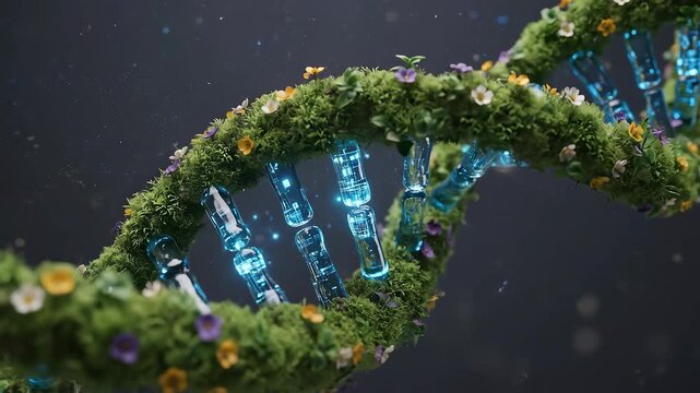 DNA Helix Structure Covered in Green Moss and Flowers for Biotechnology and Genetics Research