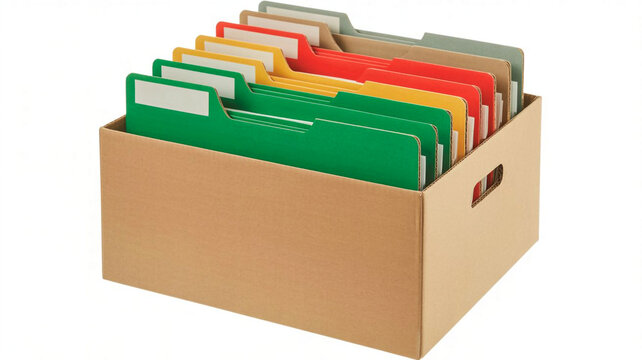 A cardboard box filled with colorful file folders, neatly organized and ready for filing and storage