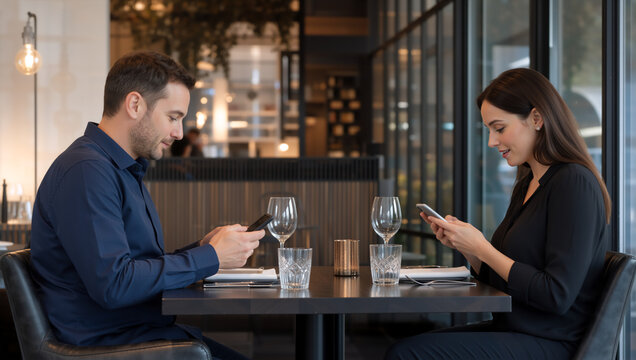Couple using smartphones at restaurant table. Man and woman ignoring each other on a date. Technology addiction and phubbing concept