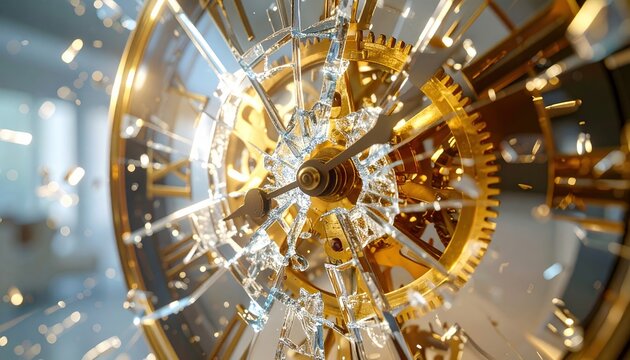 Broken crystal clock face exploding outward to reveal intricate golden internal gears