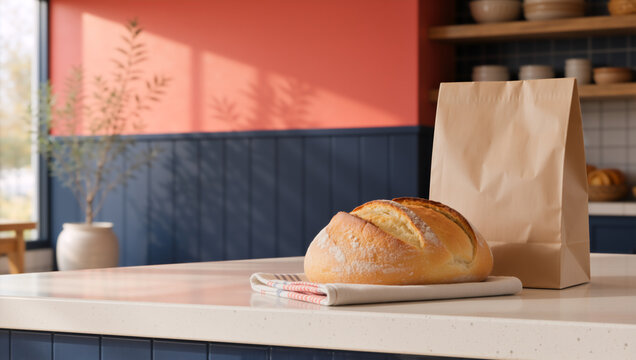 Freshly baked artisan bread loaf and brown paper bag on a kitchen counter. Homemade sourdough on a towel in a modern sunny kitchen