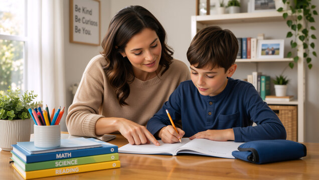 Mother helping young son with homework at desk. Happy woman tutoring boy writing in workbook. Education and homeschooling concept