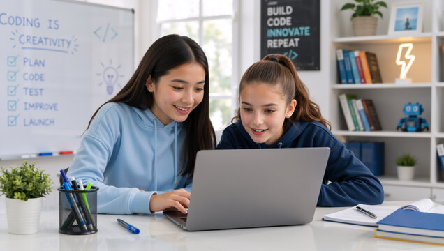 Two young female students learning to code on a laptop. Teenage girls collaborating on a STEM school project in a modern classroom
