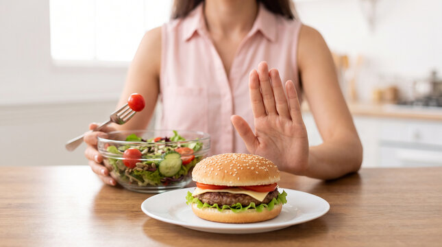 Woman refusing a hamburger while holding a bowl of fresh salad, raising her open palm to reject high-calorie fast food during a weight loss diet, healthy eating, junk food avoidance, calorie control, 
