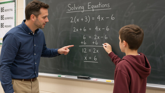 Male teacher helping a young student solve a math equation on a chalkboard. Boy writing algebra solution during a classroom lesson