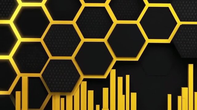 Futuristic black and gold honeycomb grid with animated equalizer bars and binary code - 4K loop