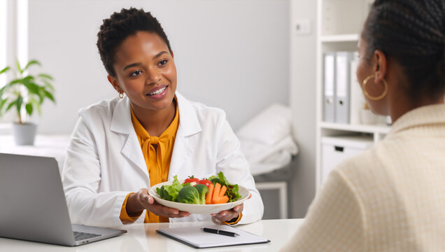 African American nutritionist showing a plate of fresh vegetables to a patient. Female doctor giving dietary advice in a medical clinic