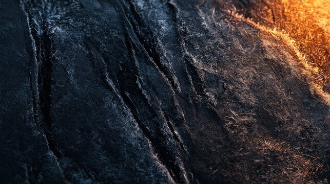 Rugged dark stone surface with dramatic golden sunset lighting. This textured background is ideal for luxury product displays and abstract graphic design themes.