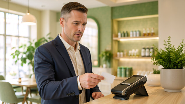 Businessman making contactless card payment at a terminal. Male customer paying in a modern green cafe. Retail transaction concept