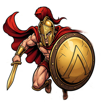 Vector Illustration of Spartan Warrior in Golden Helmet and Red Cape, Holding Sword and Lambda Shield in Action Pose, Ancient Greek Mascot Icon