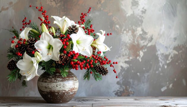 White amaryllis flowers, red berries and pinecones arranged in rustic ceramic vase for winter holiday decoration