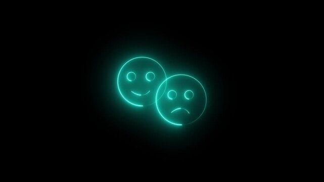 Futuristic Glowing Cyan Neon Happy and Sad Emoji Face Icon Symbolizing Customer Feedback Sentiment Emotion Rating Concept Isolated on Black Background.