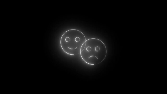 Futuristic Glowing White Neon Happy and Sad Emoji Face Icon Symbolizing Customer Feedback Sentiment Emotion Rating Concept Isolated on Black Background.