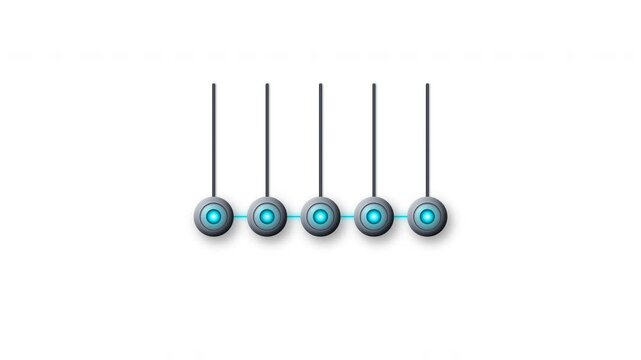Premium 3D digital energy transfer animation featuring five connected data nodes with physical pendulum motion, traveling energy pulses and synchronized network activation on a transparent background.